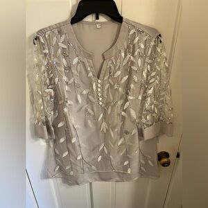 Size medium silver and gray 3/4 arm tunic top. Sheer arms and gray lining.